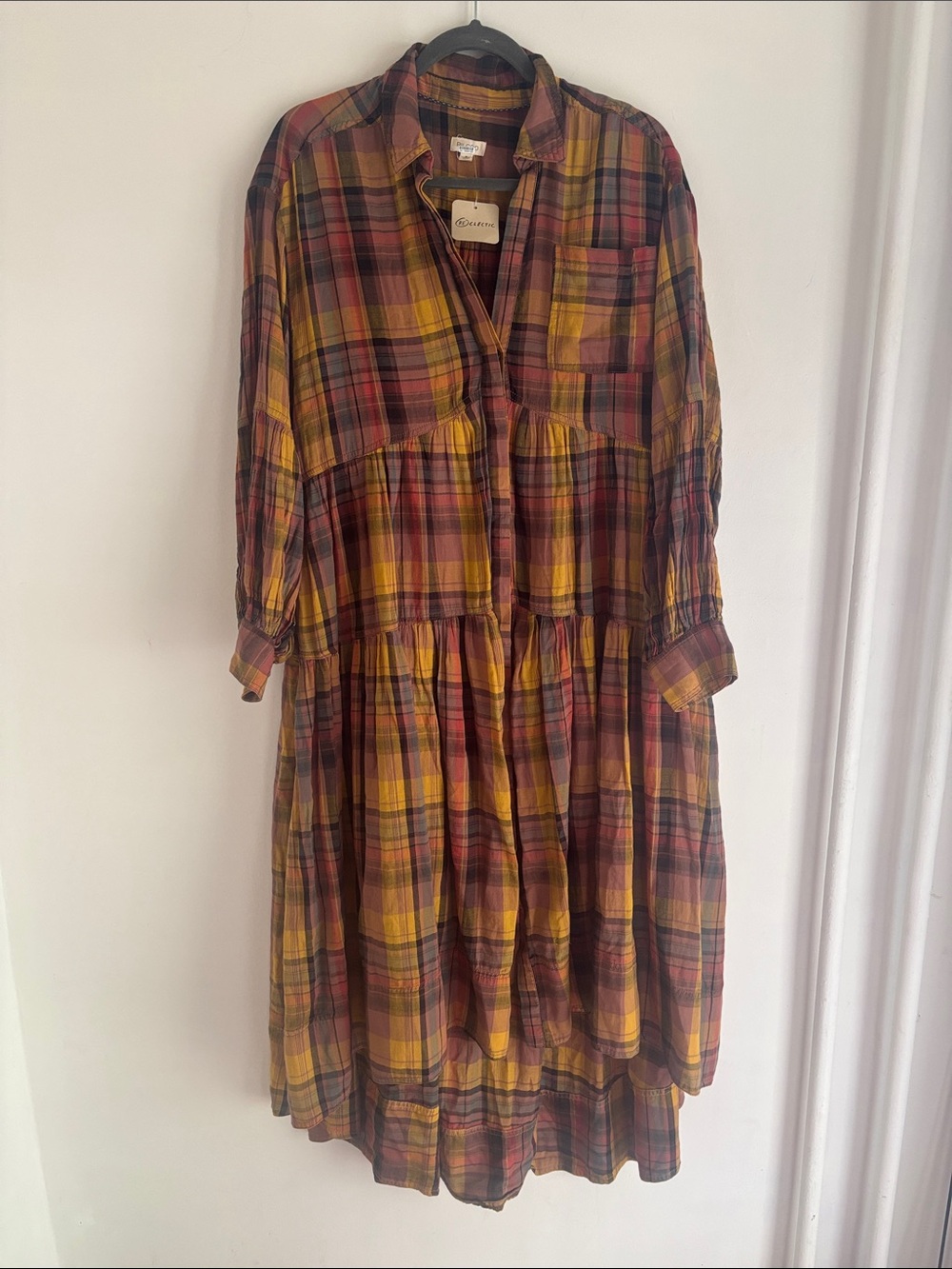 Anthropologie | pilcro Plaid Tiered Button-Front Dress in Mustard and Deep Red - Picture 6 of 15